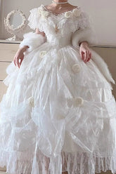 ホワイト タナマナー ローズフラワー ロングスリーブ フリル 蝶結び エレガント スイート プリンセス ロリータ ストラップレス ドレス